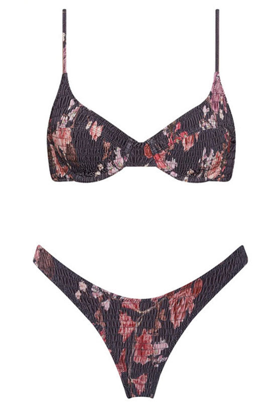 Boho Chic Floral Print Shirred Underwire Bikini Two Piece Swimsuit - Fashionpara