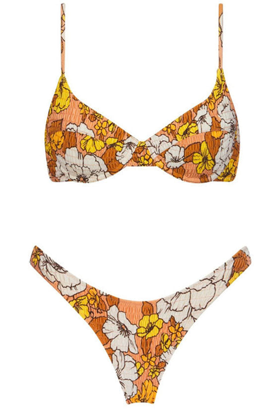 Boho Chic Floral Print Shirred Underwire Bikini Two Piece Swimsuit - Fashionpara