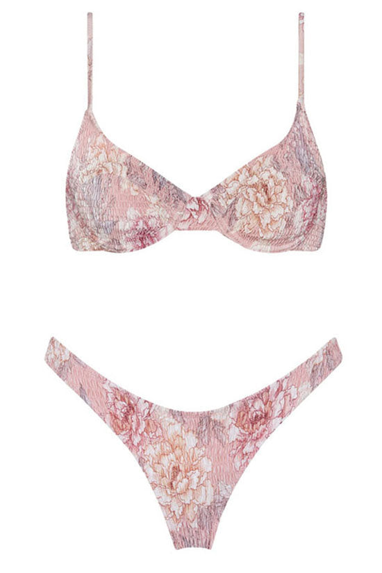 Boho Chic Floral Print Shirred Underwire Bikini Two Piece Swimsuit - Fashionpara