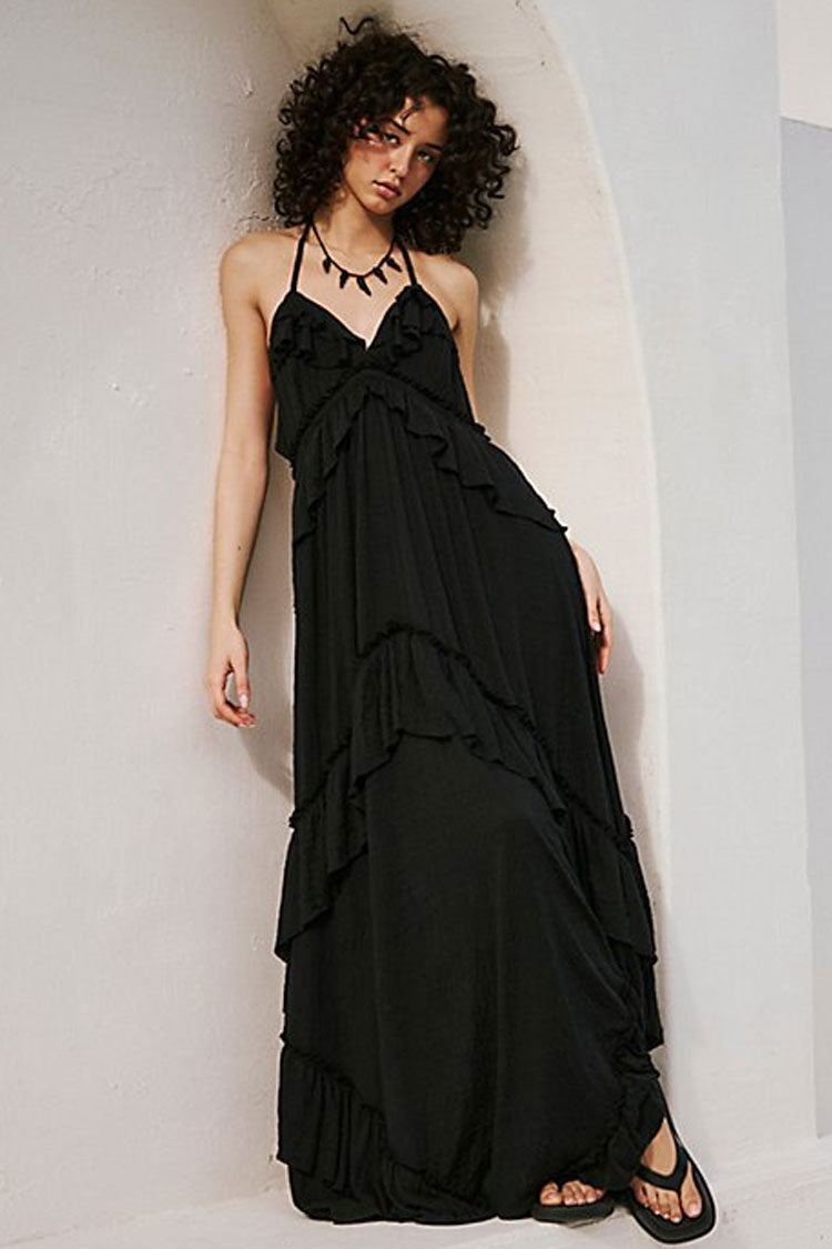 Boho Chic Halter Backless Empire Waist Ruffle Tiered Beach Vacation Maxi Dress