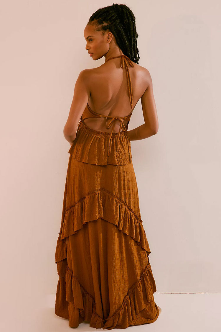 Boho Chic Halter Backless Empire Waist Ruffle Tiered Beach Vacation Maxi Dress