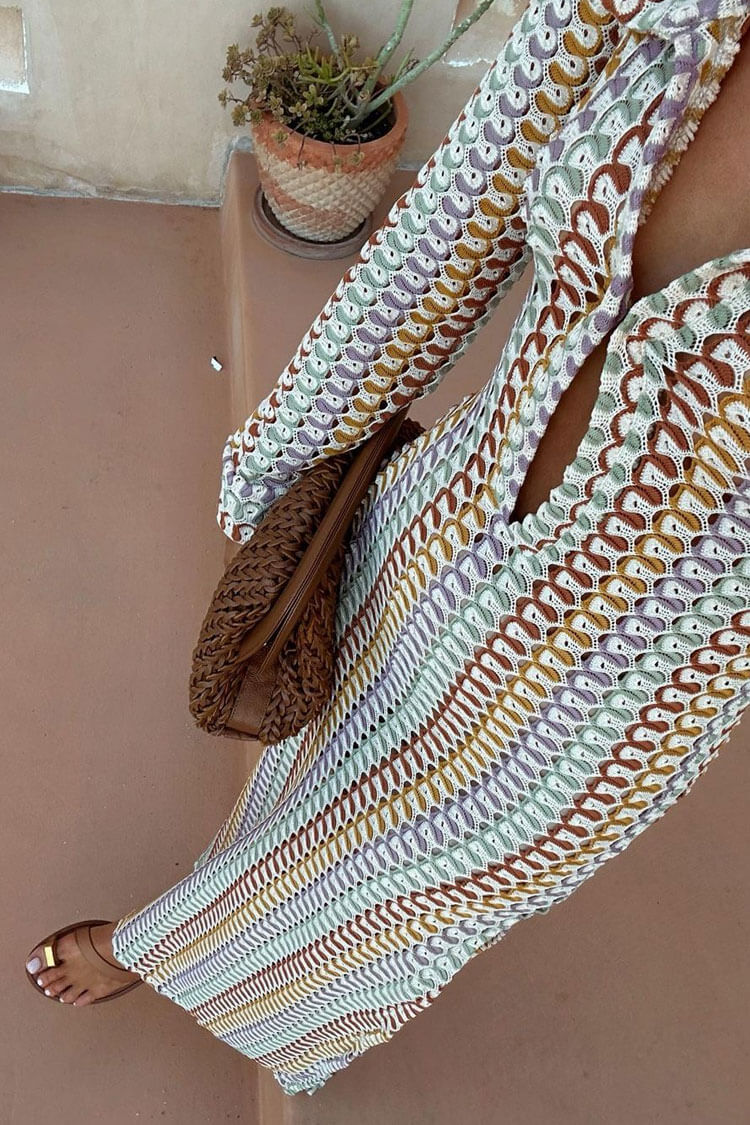 Boho Collared V Neck Split Wavy Striped Crochet Beach Vacation Maxi Dress - Brown  Fashionpara