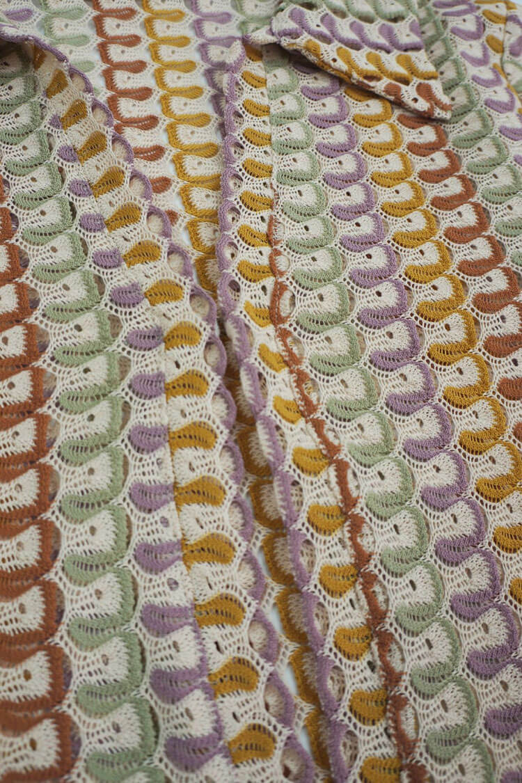 Boho Collared V Neck Split Wavy Striped Crochet Beach Vacation Maxi Dress - Brown  Fashionpara