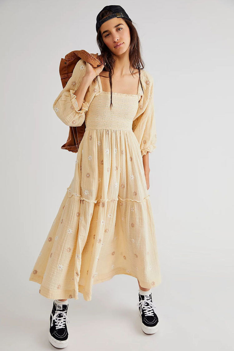 Boho Floral Embroidered Puff Sleeve Tiered Smock Beach Vacation Midi Dress