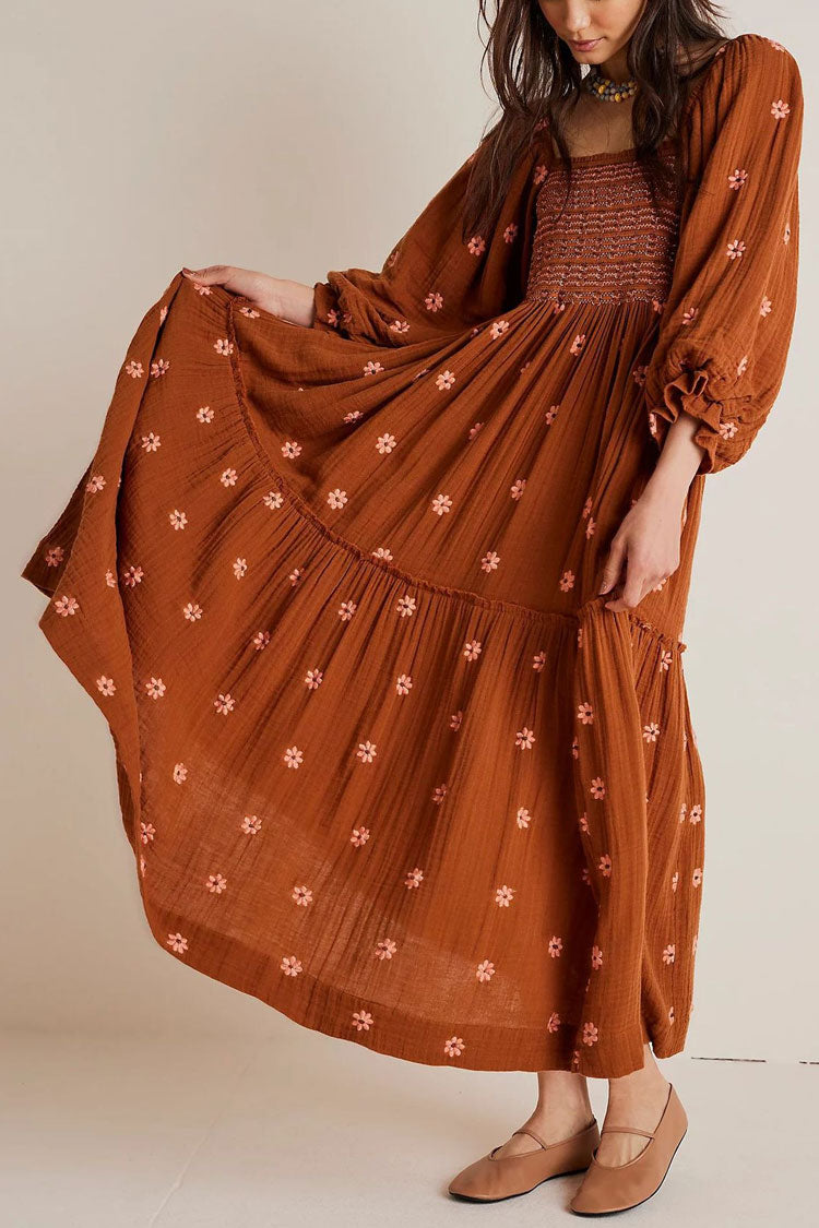 Boho Floral Embroidered Puff Sleeve Tiered Smock Beach Vacation Midi Dress