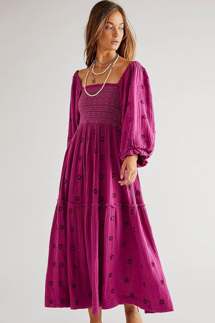 Boho Floral Embroidered Puff Sleeve Tiered Smock Beach Vacation Midi Dress