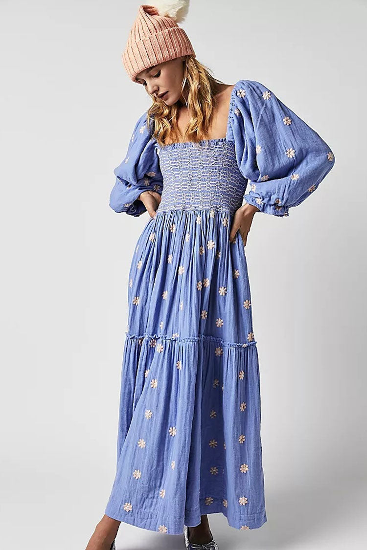 Boho Floral Embroidered Puff Sleeve Tiered Smock Beach Vacation Midi Dress