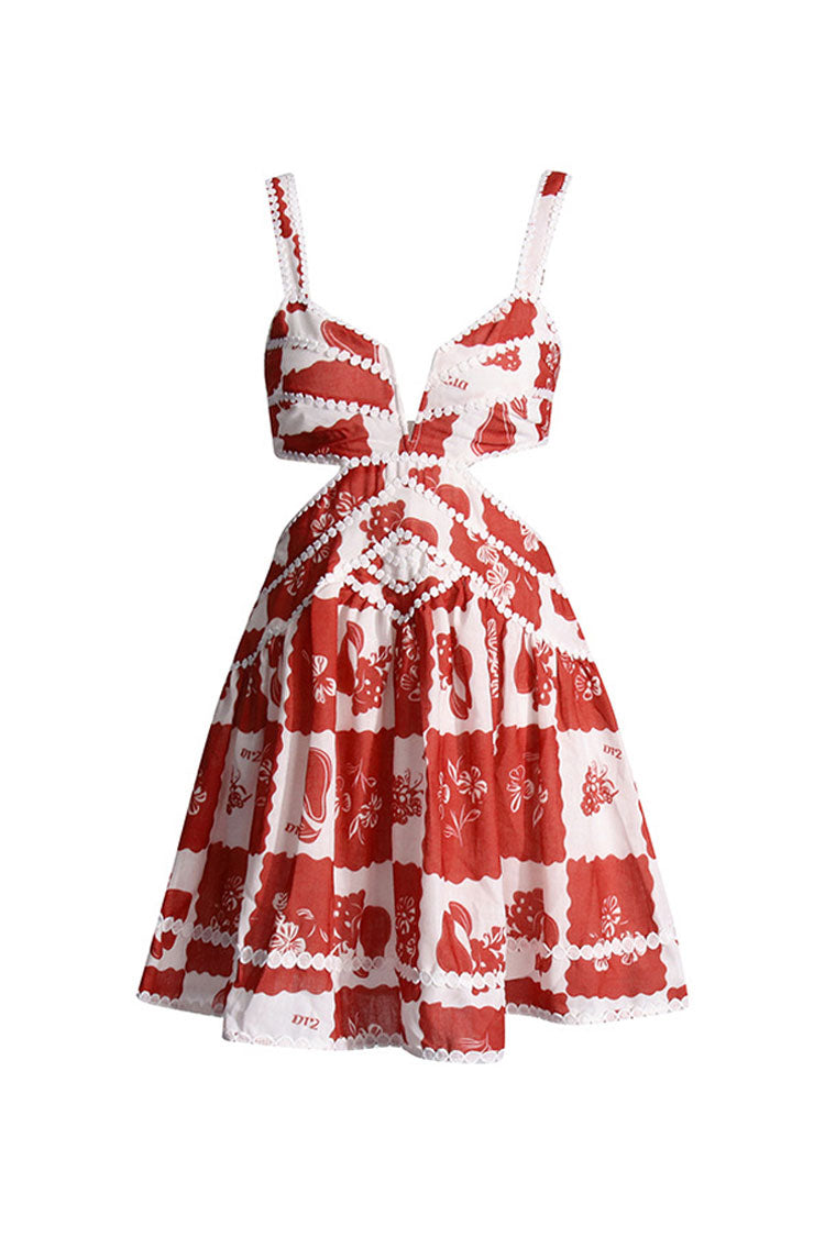 Boho Floral Patchwork Dotted Plunge Cutout Waist Vacation Mini Sundress - Fashionpara