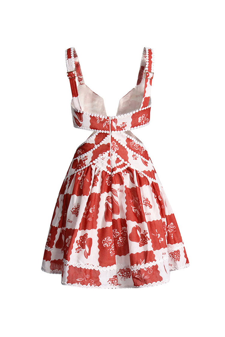 Boho Floral Patchwork Dotted Plunge Cutout Waist Vacation Mini Sundress - Fashionpara