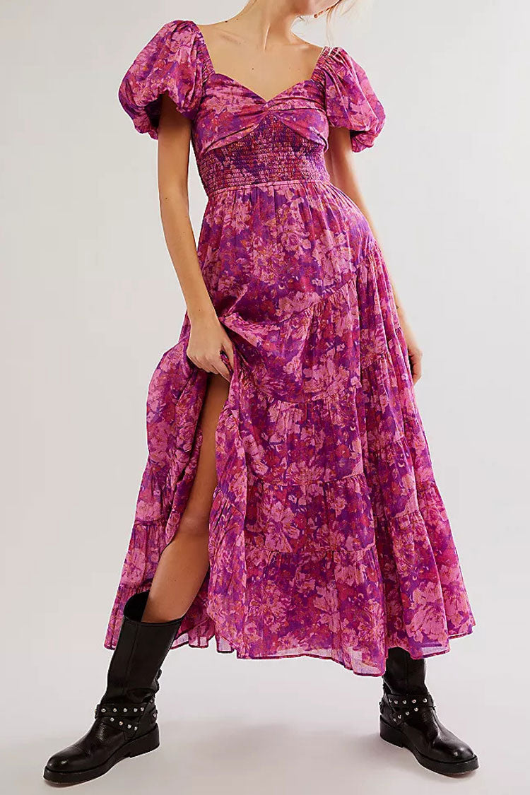 Boho Floral Patchwork Ruched Bustier Shirred Tiered Vacation Maxi Dress