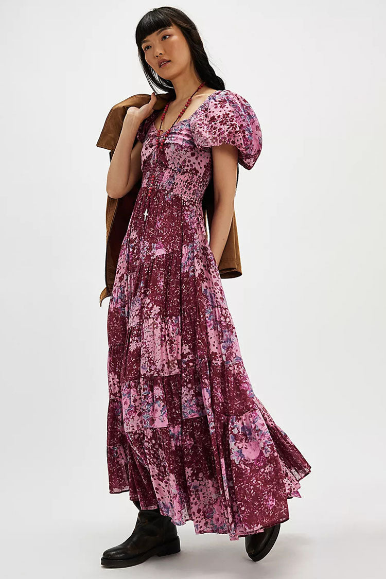 Boho Floral Patchwork Ruched Bustier Shirred Tiered Vacation Maxi Dress
