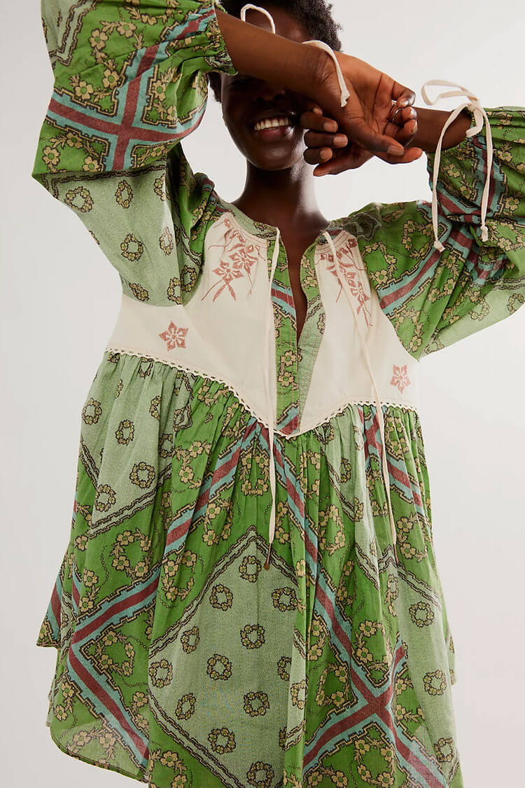 Boho Floral Patchwork Tie Neck Bishop Sleeve Vacation Babydoll Mini Dress