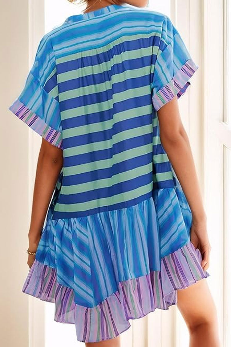 Boho Floral Patchwork V Neck Ruffle Babydoll Beach Vacation Mini Dress