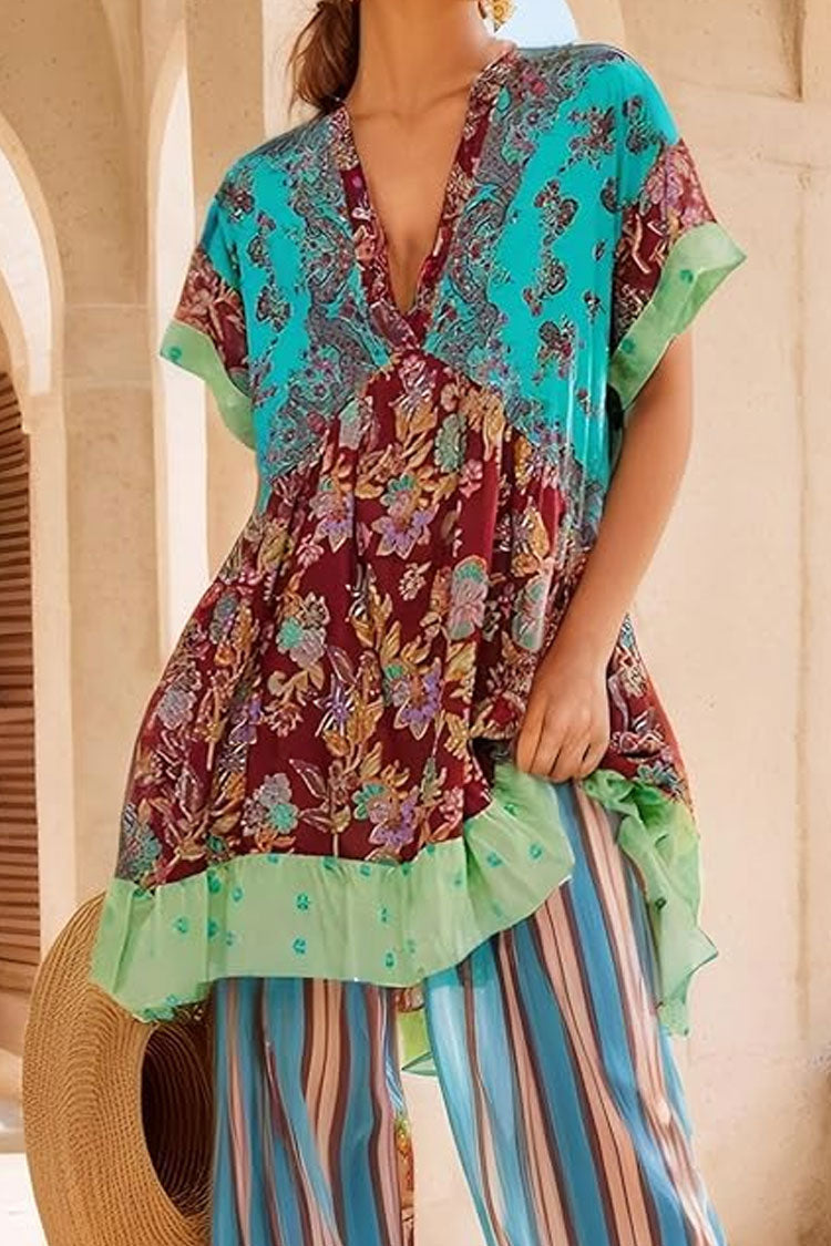 Boho Floral Patchwork V Neck Ruffle Babydoll Beach Vacation Mini Dress