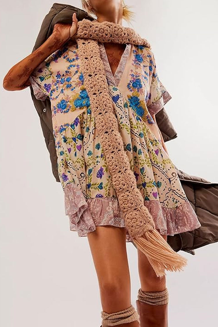 Boho Floral Patchwork V Neck Ruffle Babydoll Beach Vacation Mini Dress