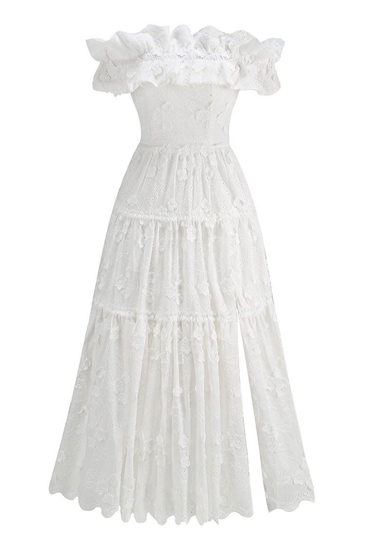 Boho Flower Embroidered Ruffle Off Shoulder Smocked Split Vacation Midi Dress - Fashionpara