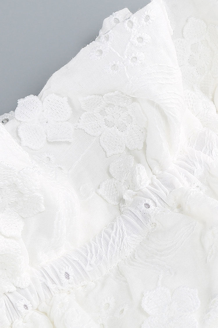 Boho Flower Embroidered Ruffle Off Shoulder Smocked Split Vacation Midi Dress - Fashionpara