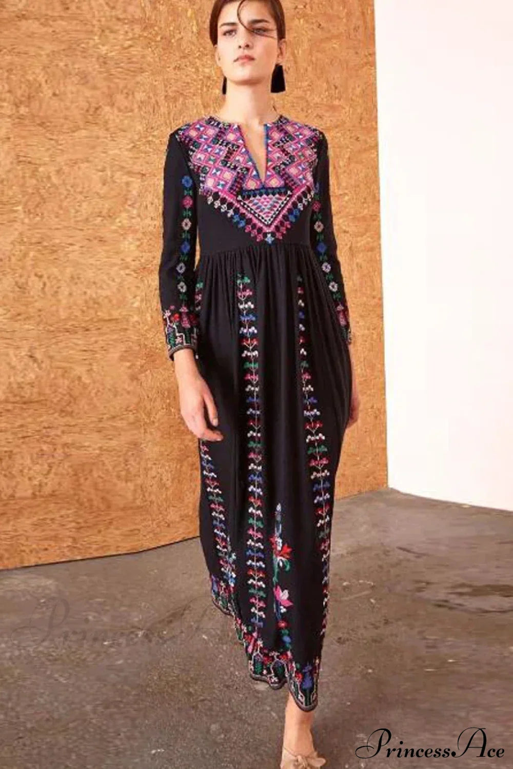 Boho Long Dress Ethnic Floral Embroidery Rayon V-neck Chic Dress