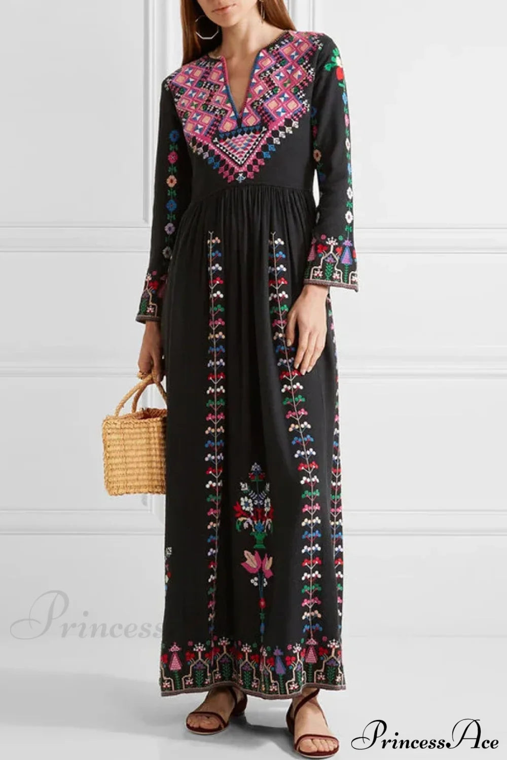 Boho Long Dress Ethnic Floral Embroidery Rayon V-neck Chic Dress