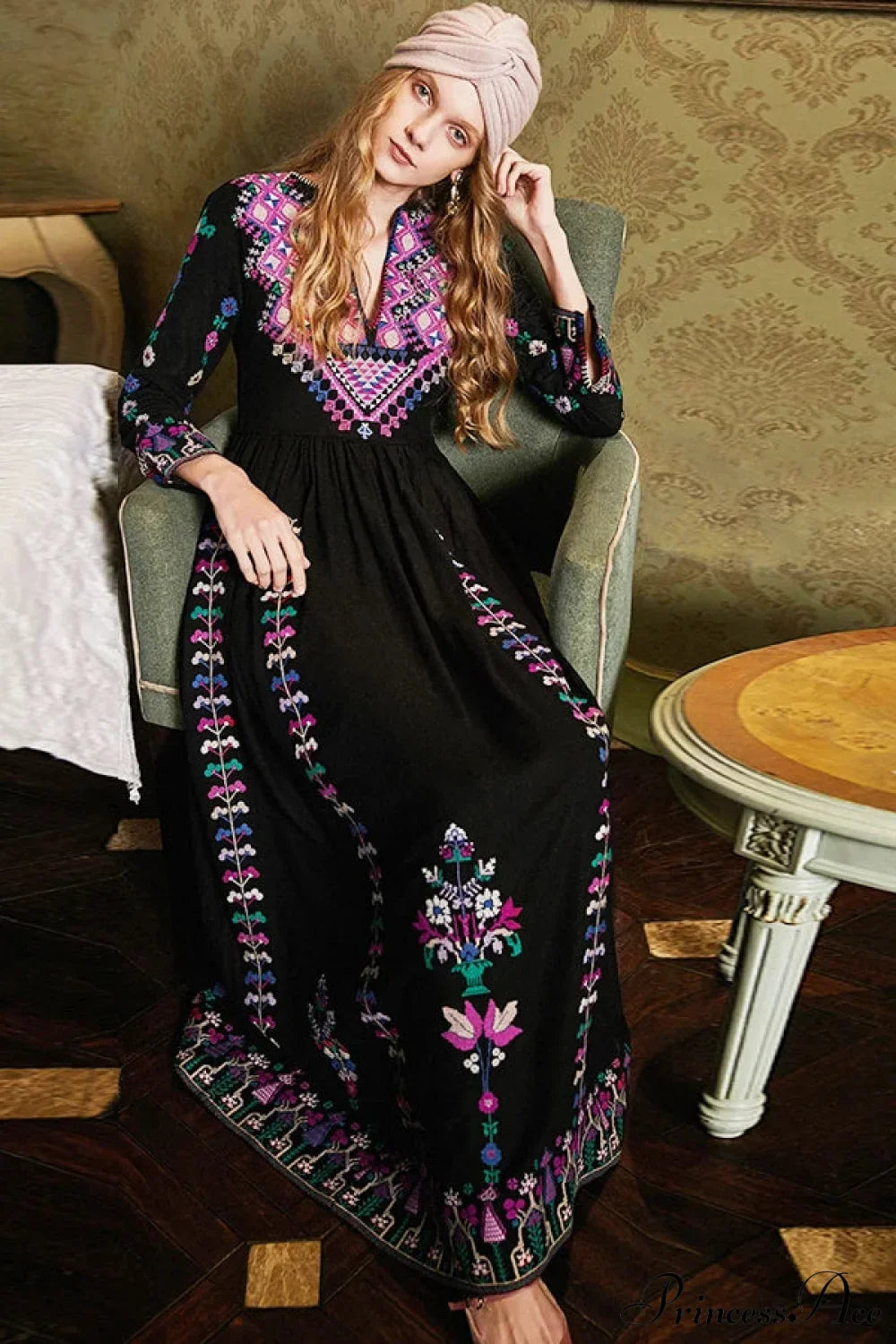 Boho Long Dress Ethnic Floral Embroidery Rayon V-neck Chic Dress