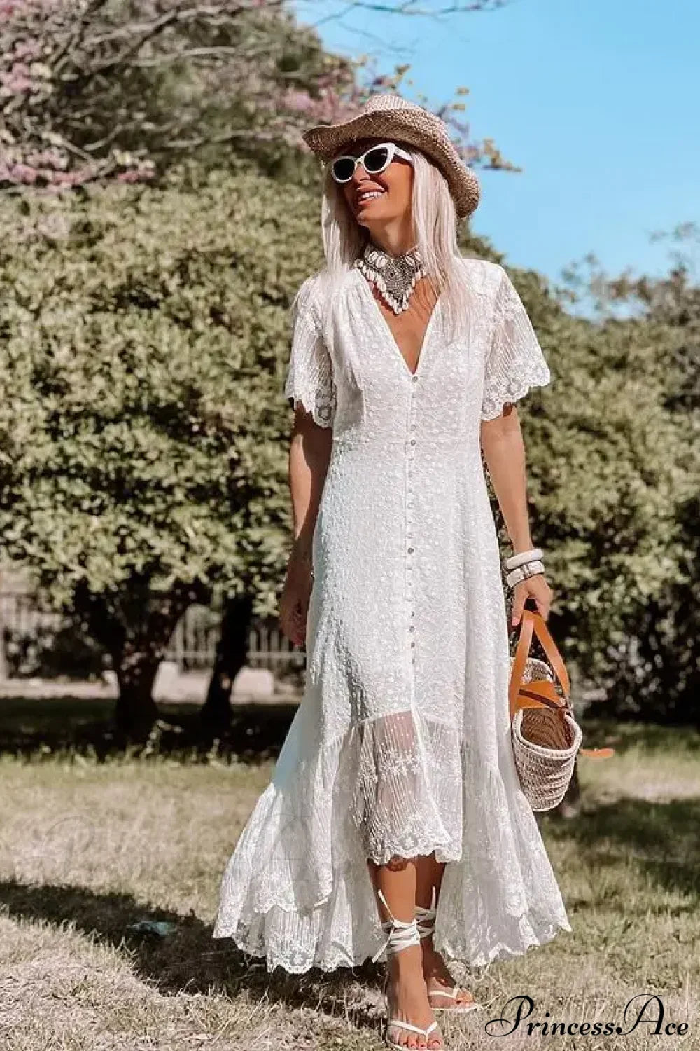 Boho Loose Summer Dress Vintage Deep V Floral Print White / S bohodress-250126