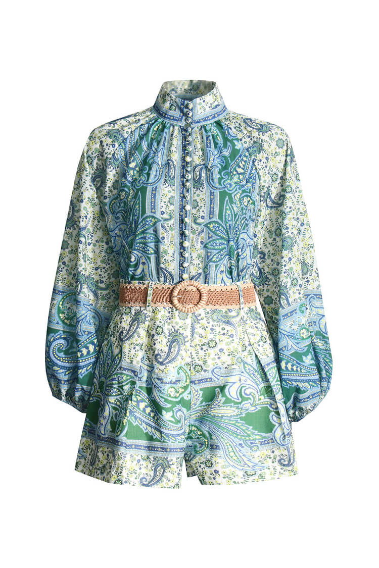 Boho Paisley Mandarin Collar Button Down High Rise Two Piece Short Set - Fashionpara