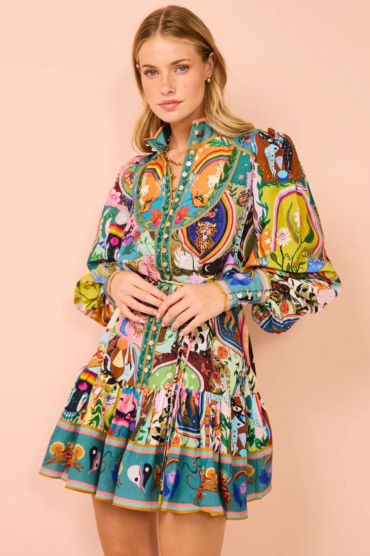 Boho Printed Mock Neck Button Up Lantern Sleeve Ruffle Vacation Mini Dress