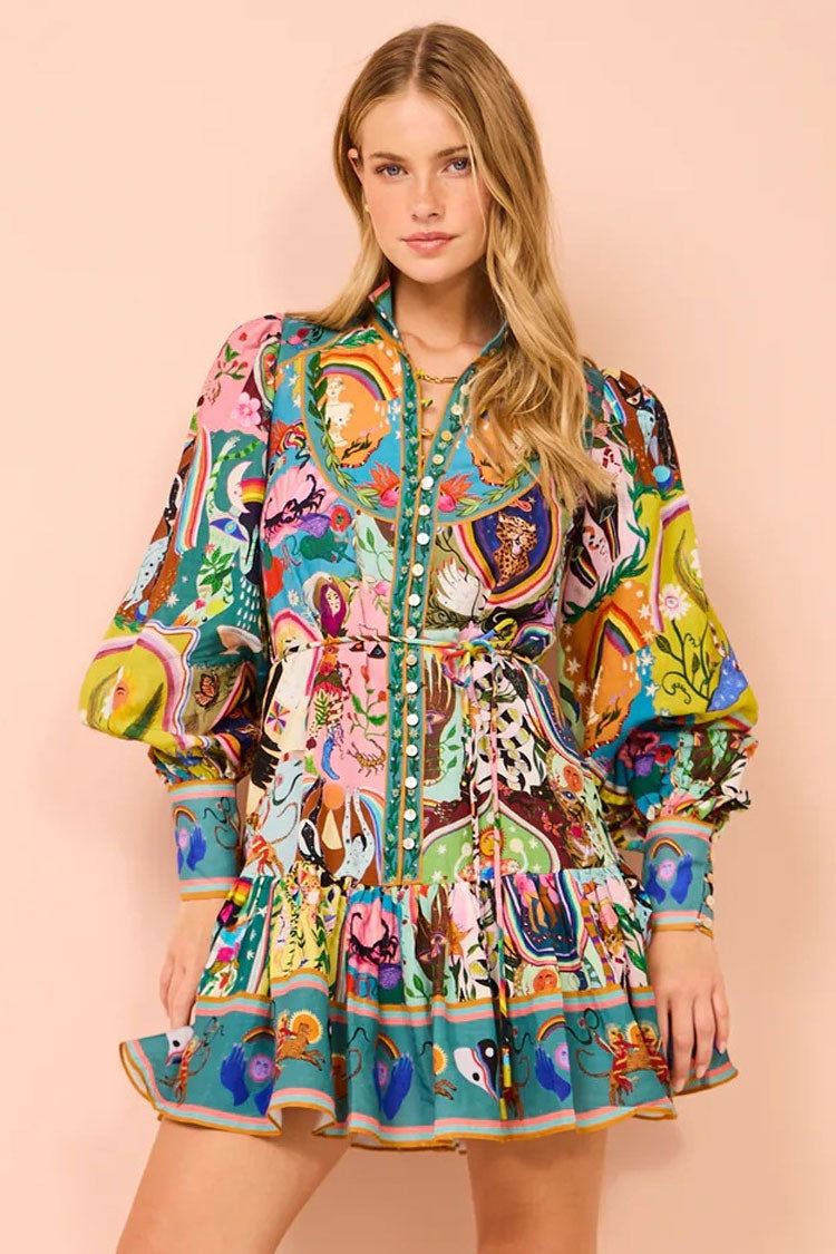 Boho Printed Mock Neck Button Up Lantern Sleeve Ruffle Vacation Mini Dress
