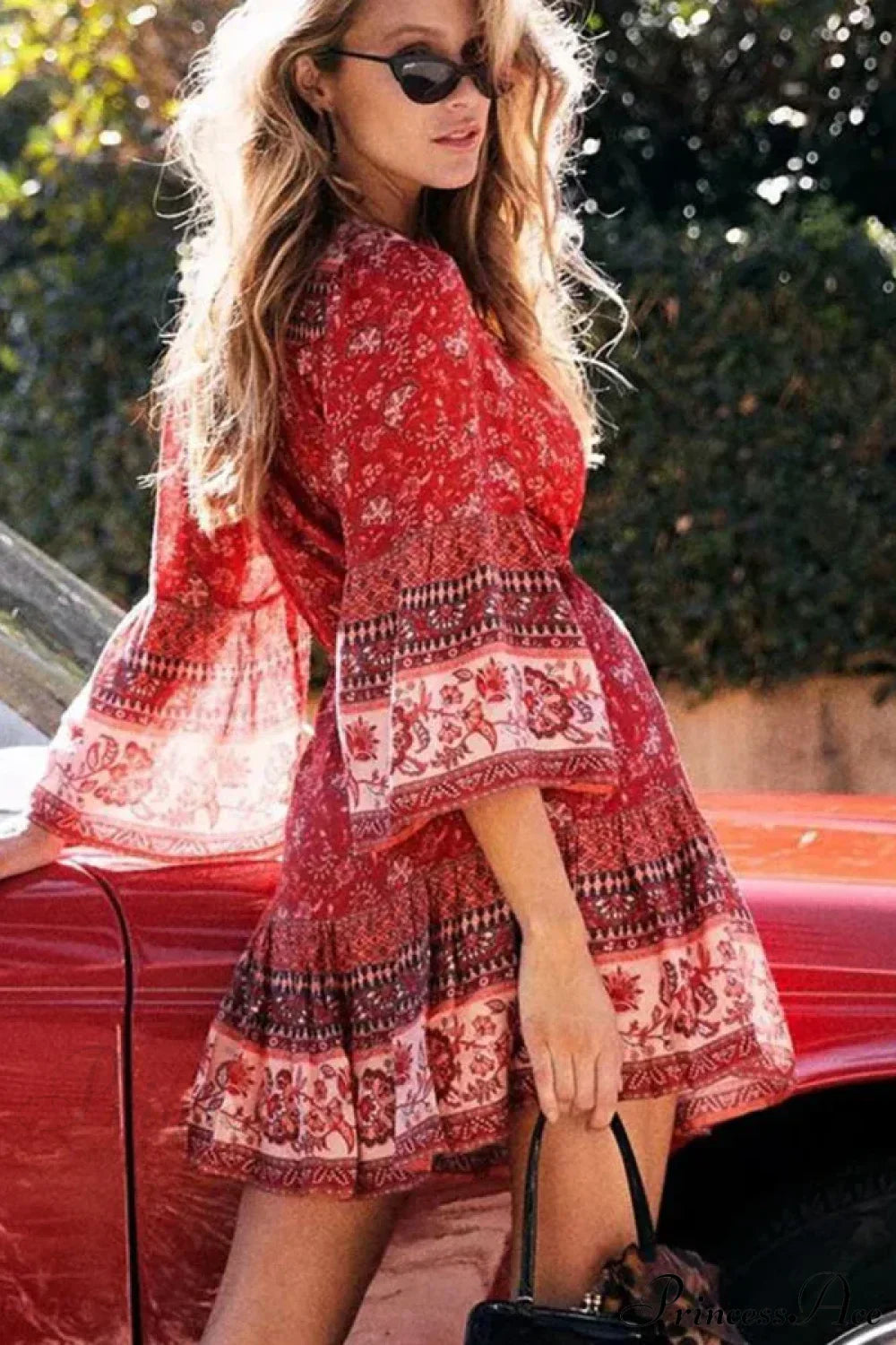 Boho Red Floral Print Mini Dress V-neck Short Summer Dress