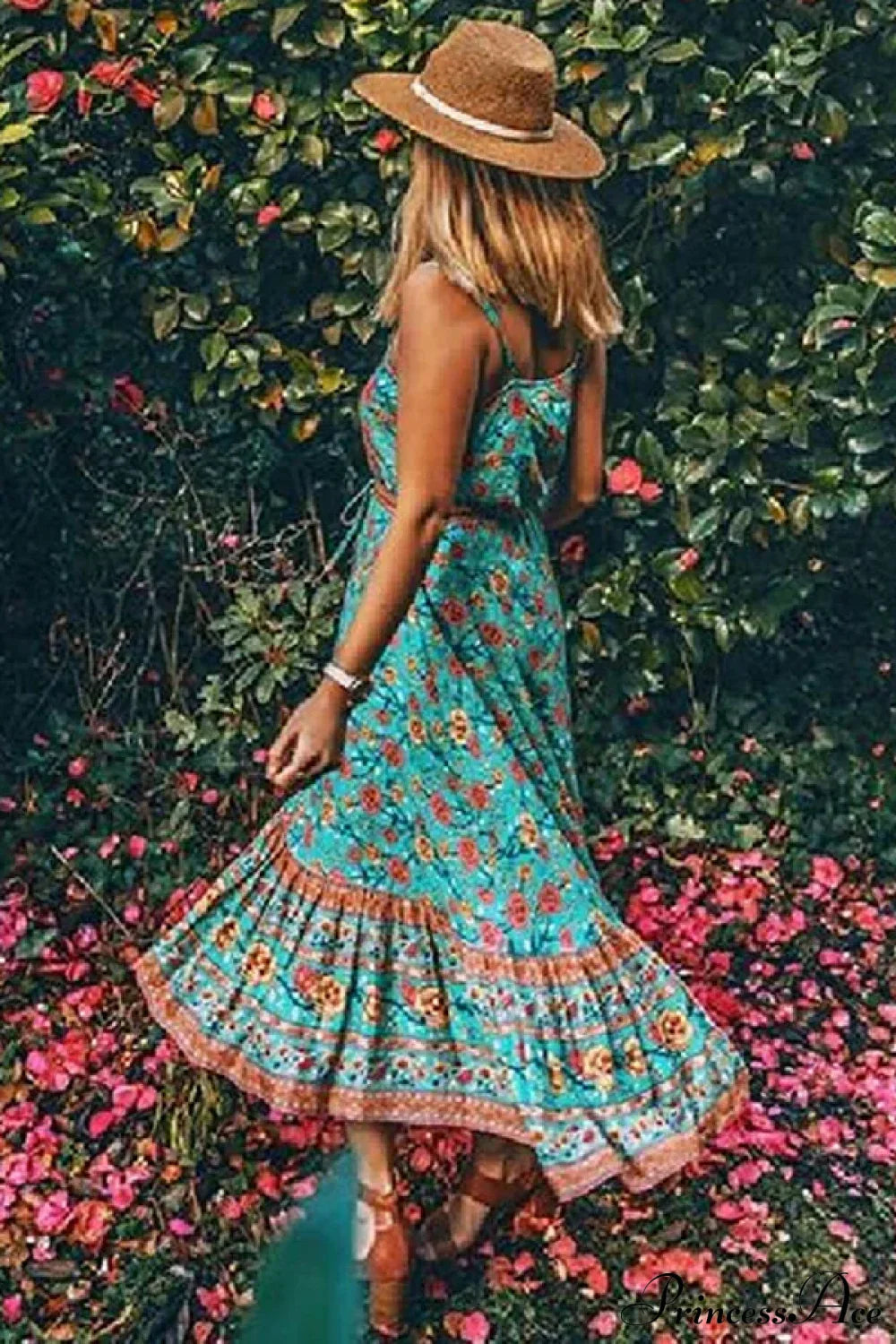 Boho Strap Dresses Gypsy Sleeveless Rayon Floral Print Maxi Dress GREEN / S bohodress-250126