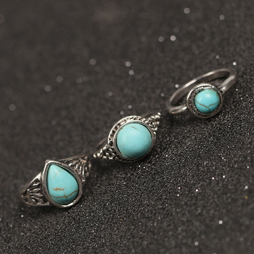 Multi Mix Stone Trimmed Embossed Ring Set - Silver