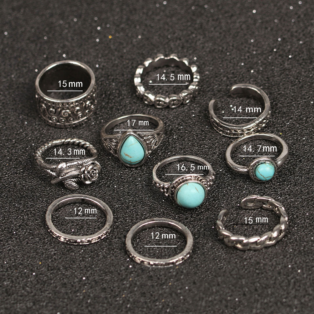 Multi Mix Stone Trimmed Embossed Ring Set - Silver