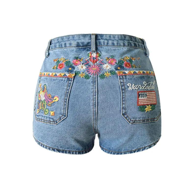 Boho Style Floral Embroidered High Waist Denim Shorts - Blue  Fashionpara