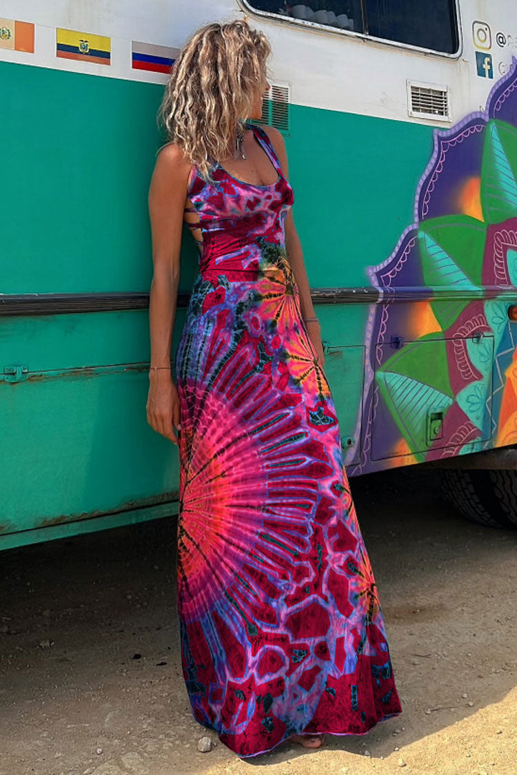 Boho Tie Dye Print Scoop Neck Strappy Cross Back Vacation Maxi Sundress