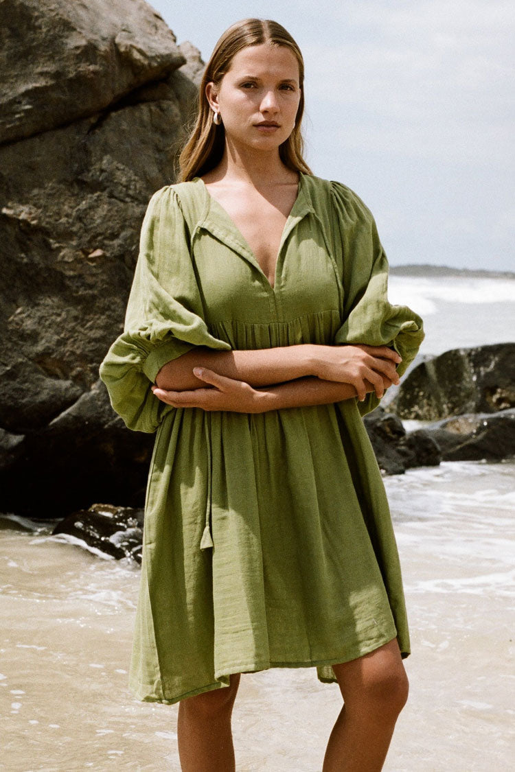 Boho Tie Neck Balloon Sleeve Linen Blend Babydoll Beach Vacation Mini Dress