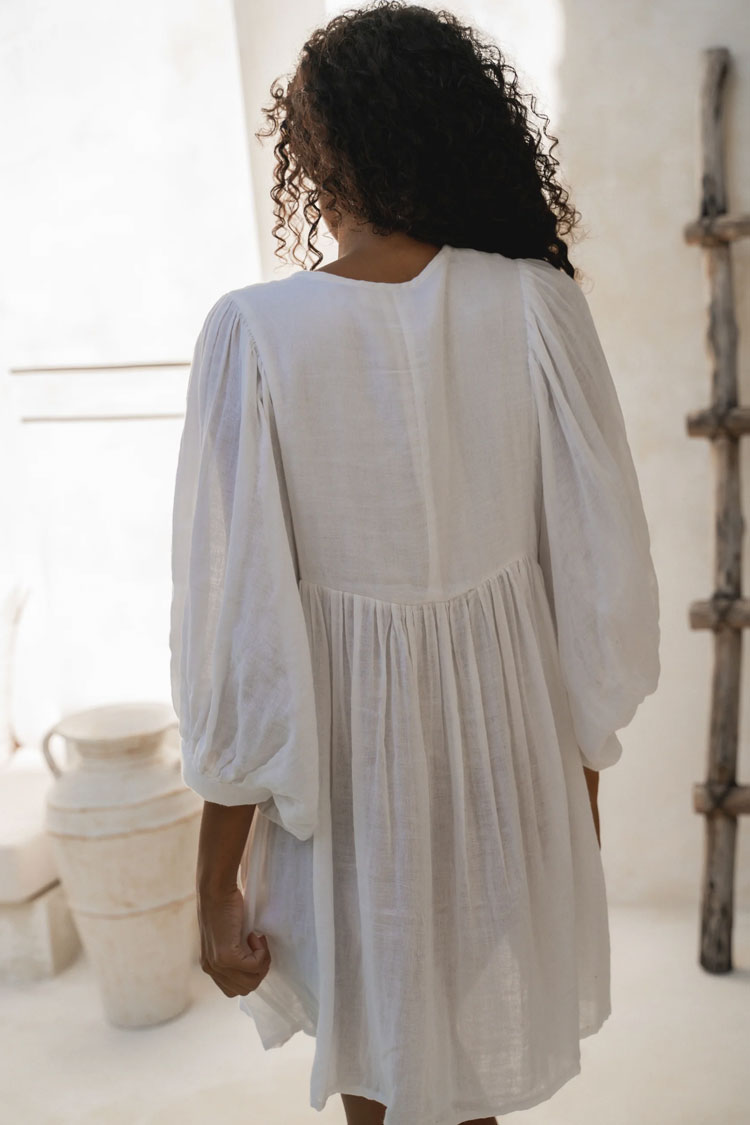 Boho Tie Neck Balloon Sleeve Linen Blend Babydoll Beach Vacation Mini Dress