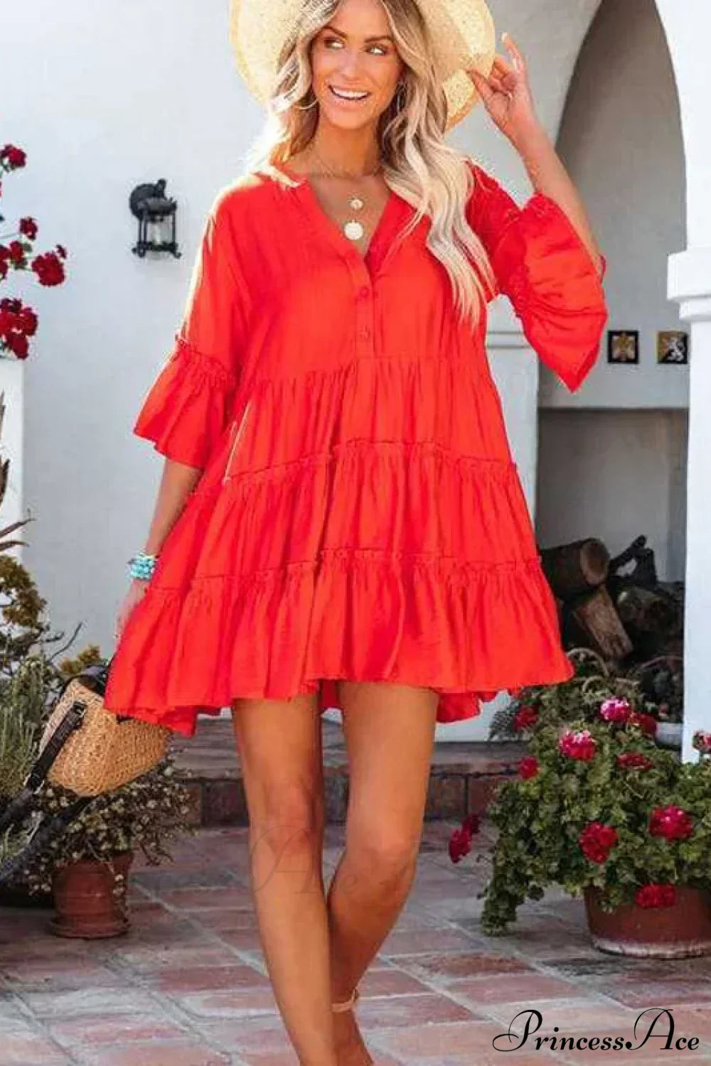 Boho Tunic Beach Wear Loose Cover-Up for Women Vintage V-neck Mini Summer Dress