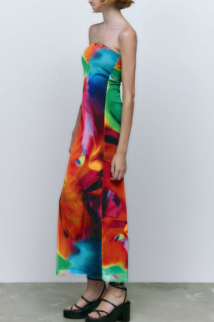 Bold Abstract Printed Summer Strapless Mesh Maxi Dress - Multicolor - View 2