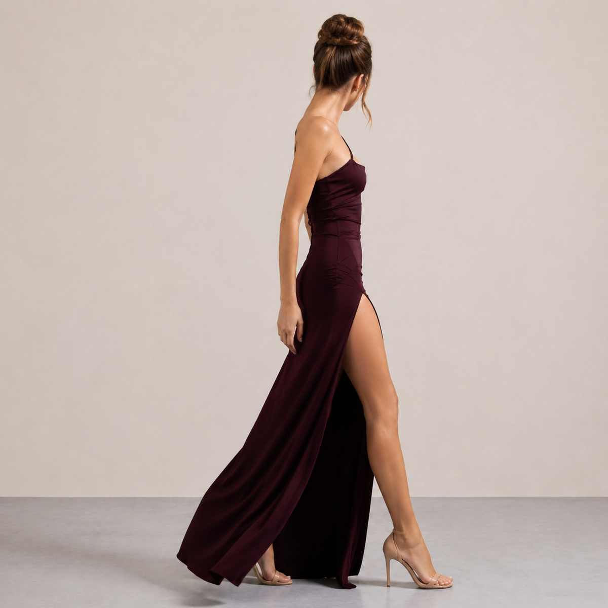 Satin One Shoulder Cowl Neck High Split Maxi Dress 12