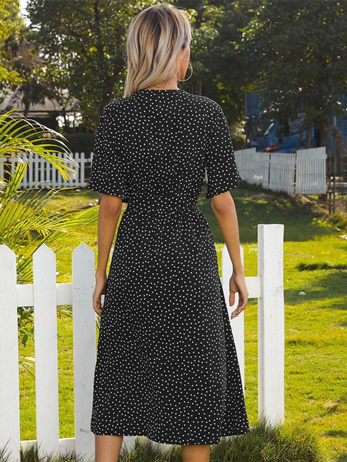 KittenAlarm - bow Tie Front small dot Print V neck buttons open front French tea break Dress