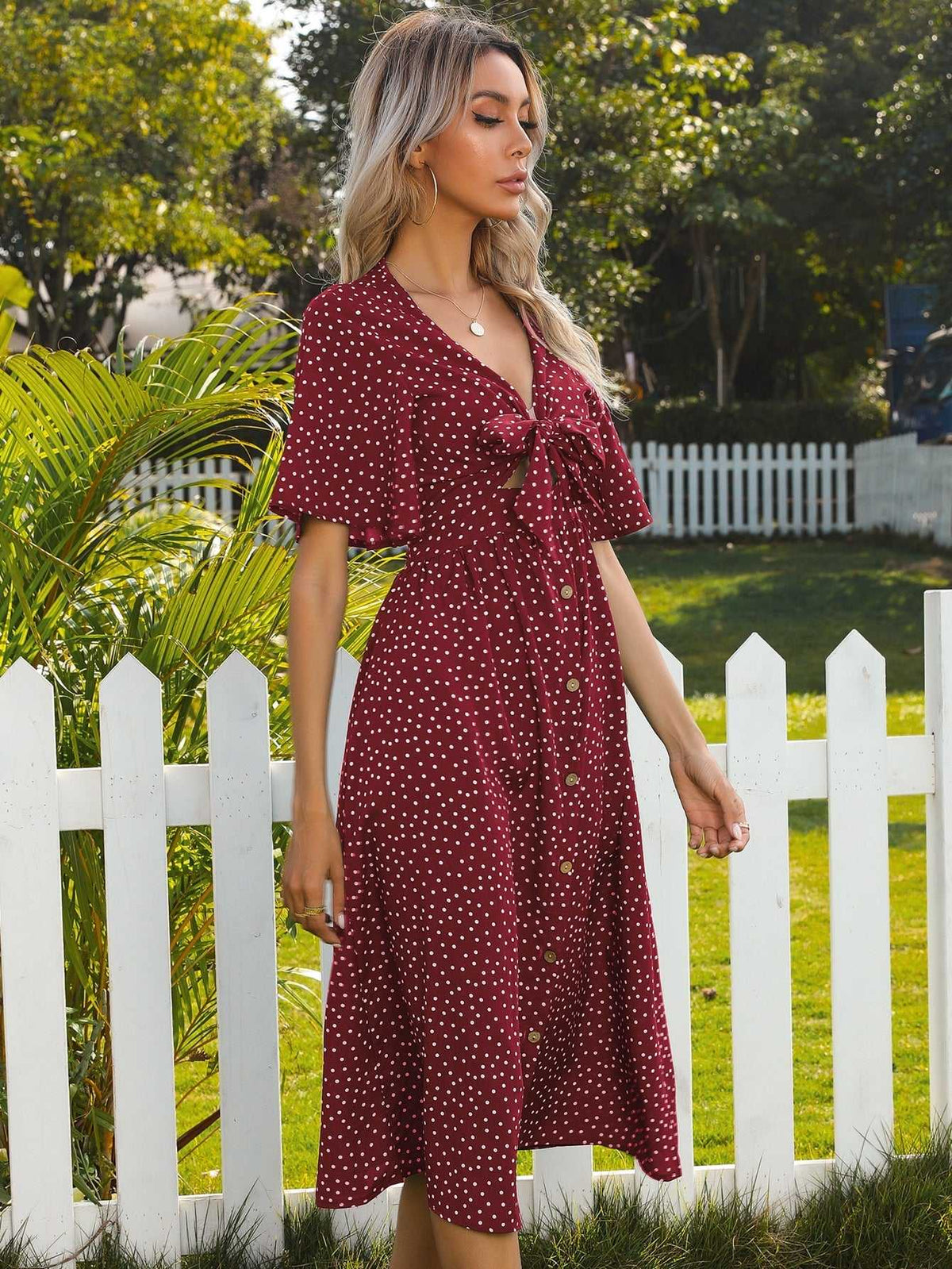 KittenAlarm - bow Tie Front small dot Print V neck buttons open front French tea break Dress