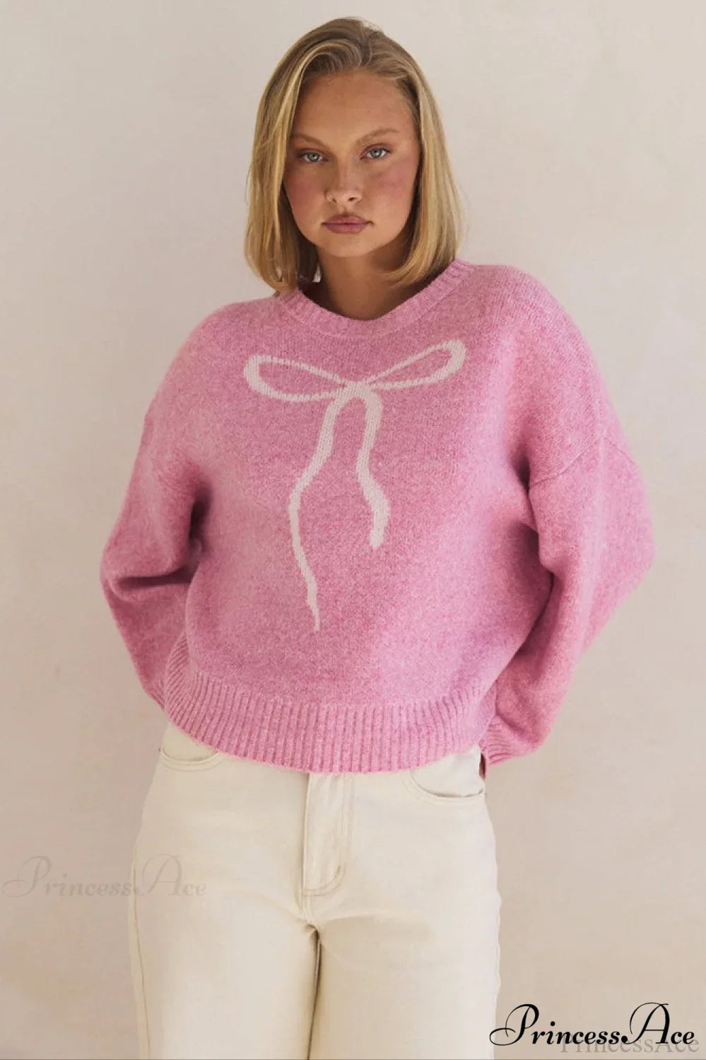 PrincessAce Bow Jacquard Casual Crew-Neck Sweater