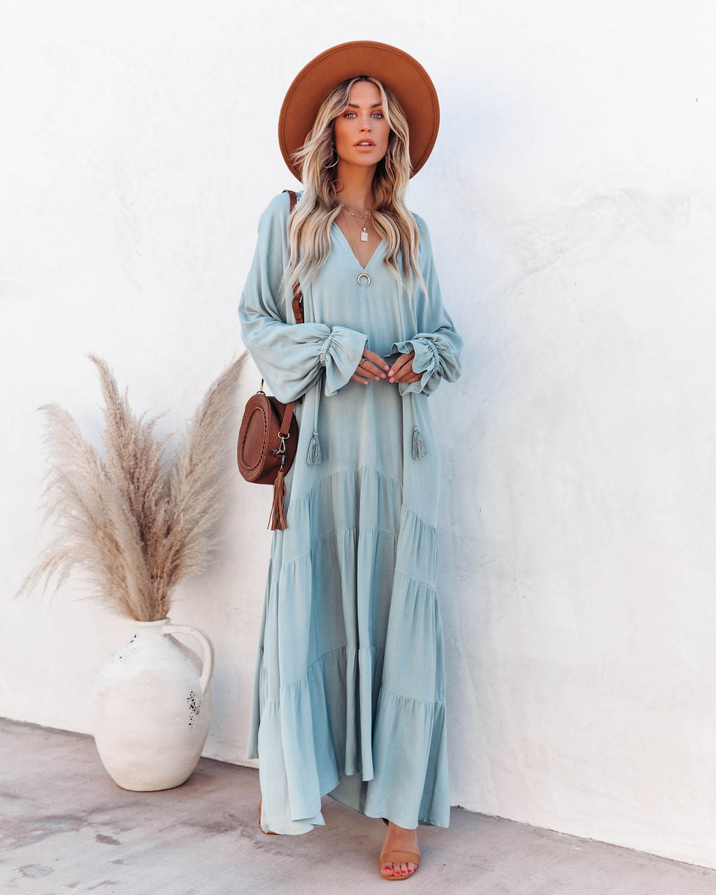 V-Neck Long Sleeve Tiered Maxi Dress