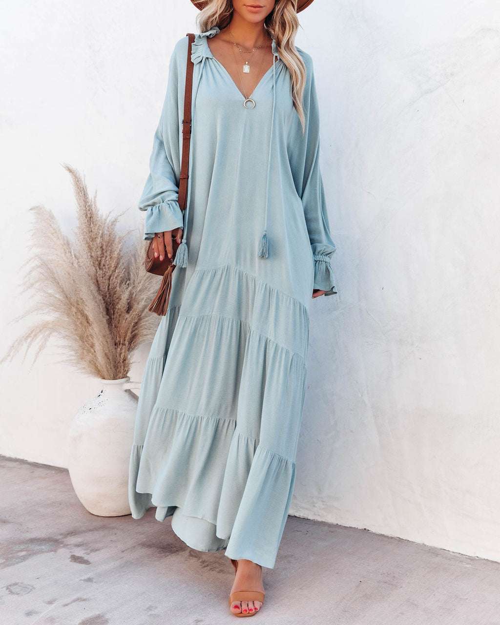 V-Neck Long Sleeve Tiered Maxi Dress