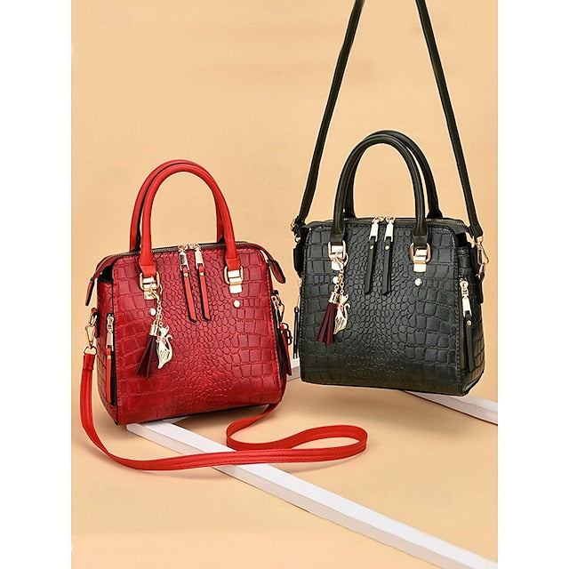 Crocodile Handbag with Leather Faux Tassel Pattern