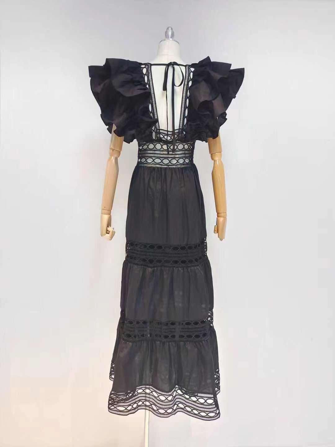 Crochet Trim Ruffle Cap Sleeve Tiered Maxi Dress
