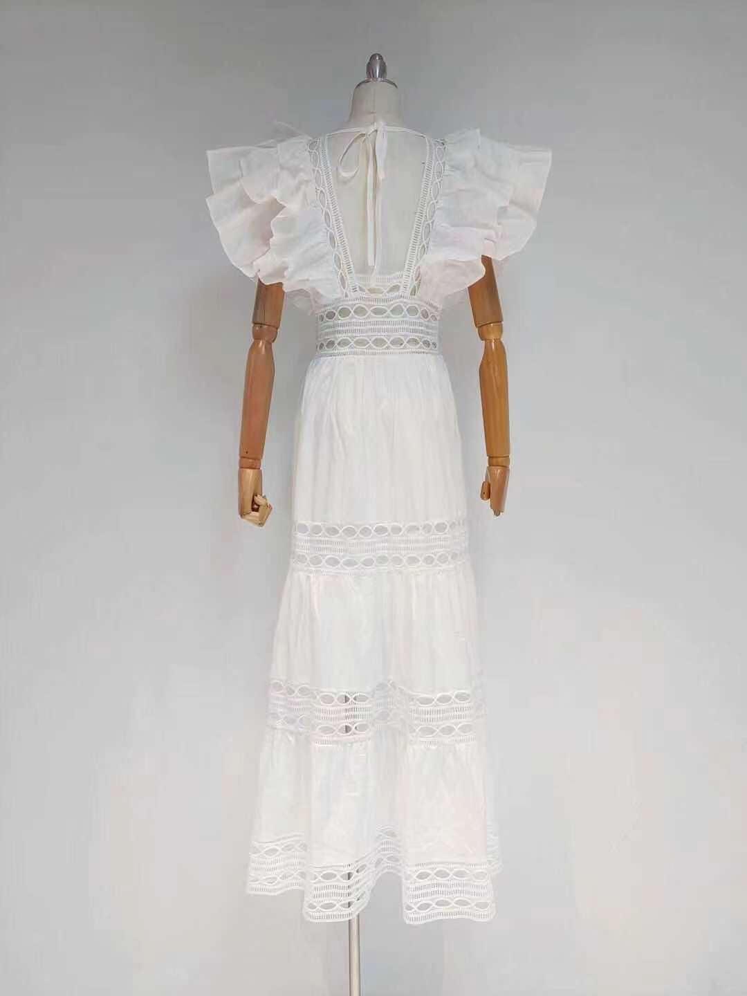 Crochet Trim Ruffle Cap Sleeve Tiered Maxi Dress