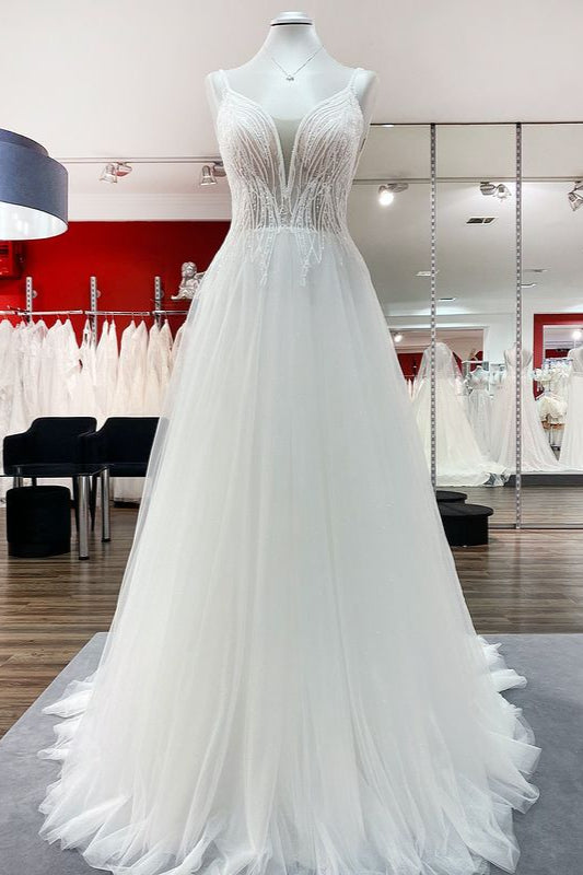 Breath-taking Tulle V Neck Sequins Ruffles A-Line Wedding Dresses - Fashionpara