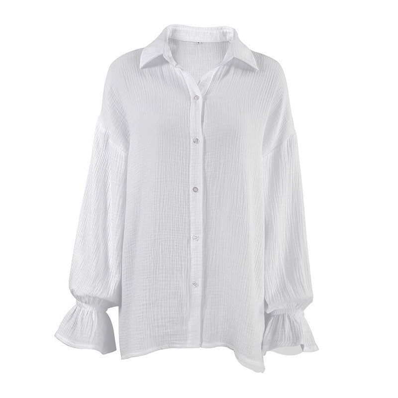 Breathtaking Textured Ruffle Drop Shoulder Button Up Collared Blouse - White - Fashionpara