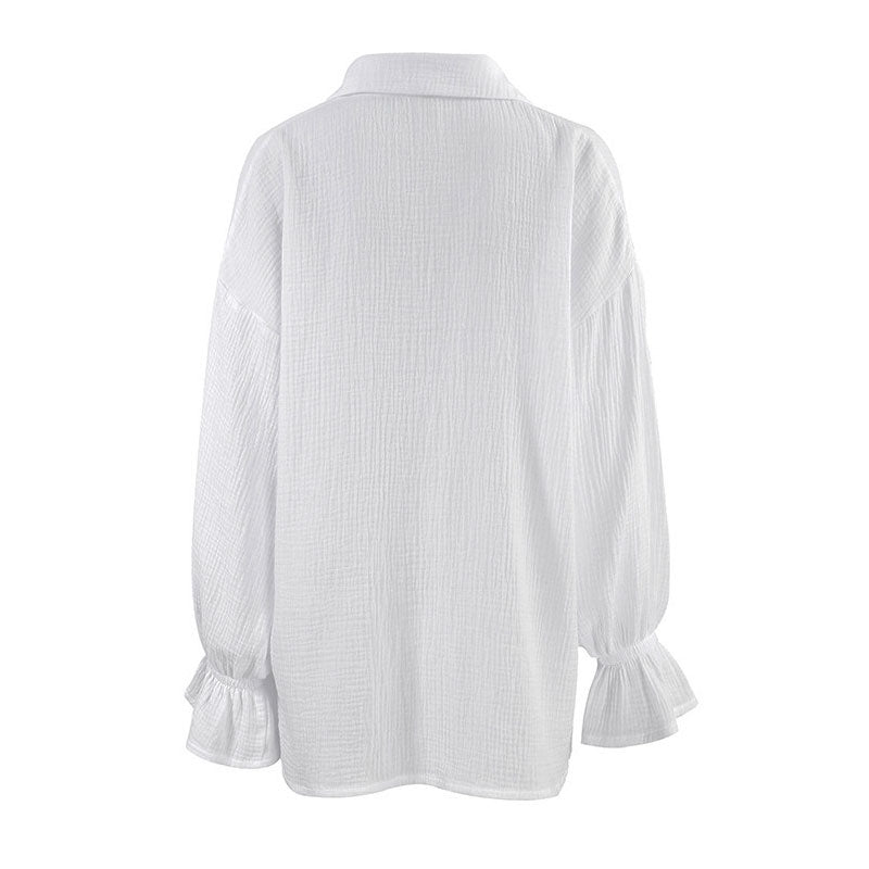 Breathtaking Textured Ruffle Drop Shoulder Button Up Collared Blouse - White - Fashionpara